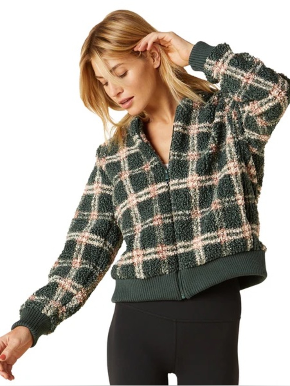 Beyond Yoga Sherpa Shell Off The Grid Bomber Jacket Plaid Size S Green
